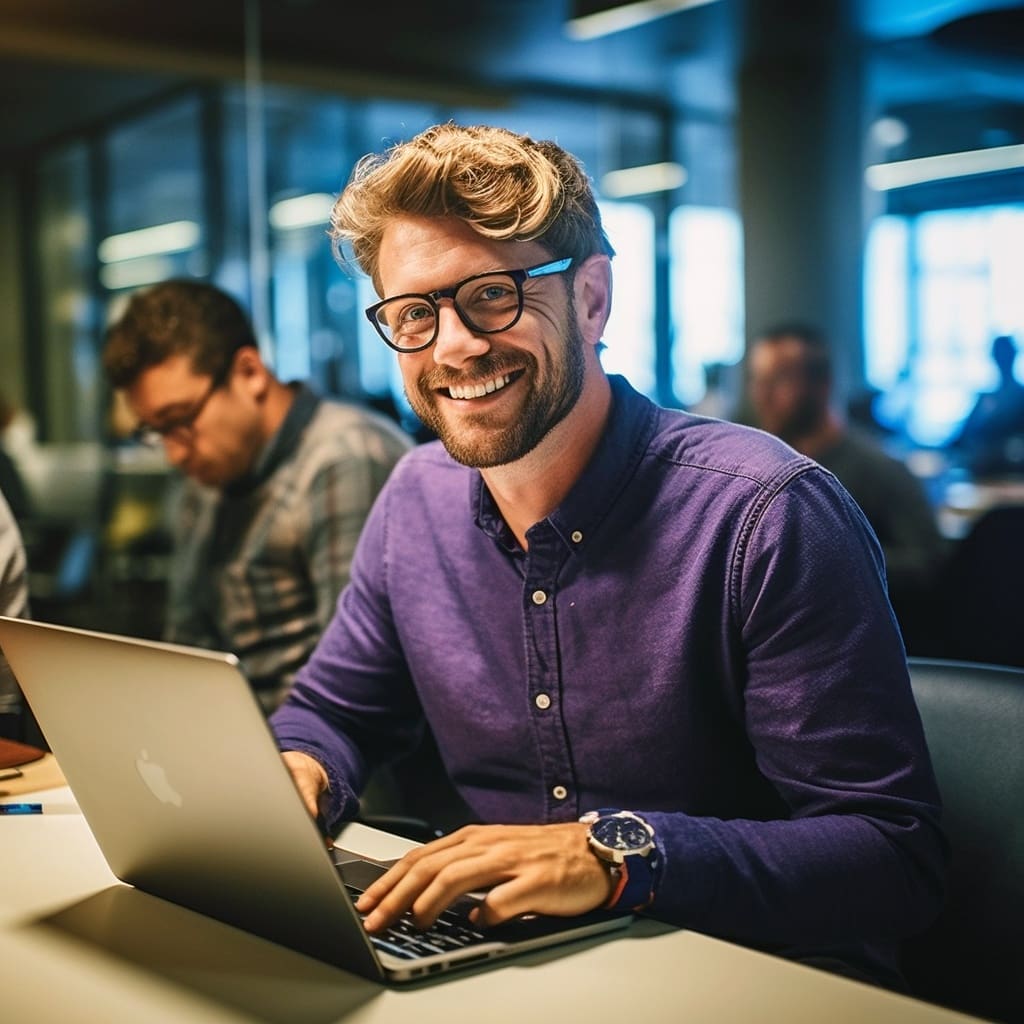 un hombre sonriente con un laptop